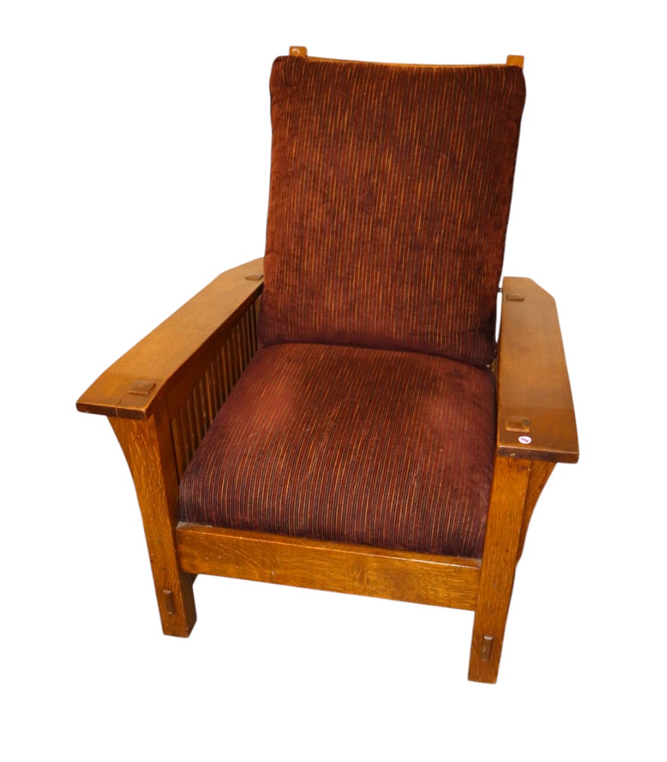 Nice Stickley mission oak slatted side upholstered morris chair in original finish (1 of 6)