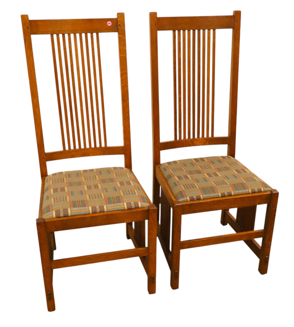 Pair Stickley mission oak slat back & sides high back side chairs w/upholstered seats orig. finish: Pair of Stickley mission oak slat back and sides upholstered seat side chairs original finish structurally sound and in good condition. Each 46"h x 19"w x 19"d seat height of 19"