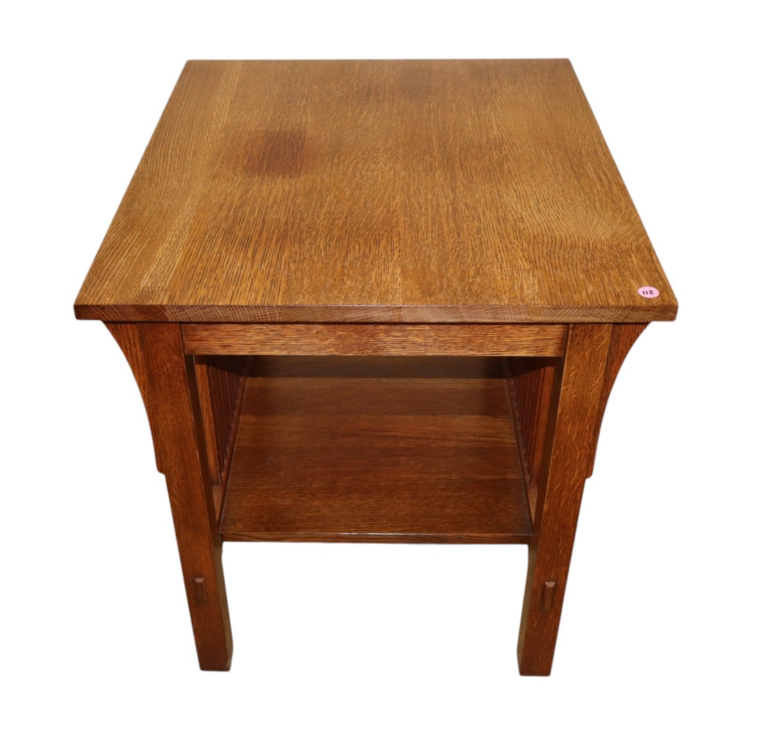 Stickley Mission Oak Slatted Lamp Table: Stickley mission oak slat sided lamp table original finish structurally sound and in good condition with slight fading on top. 23.5"h x 22"w x 26"d