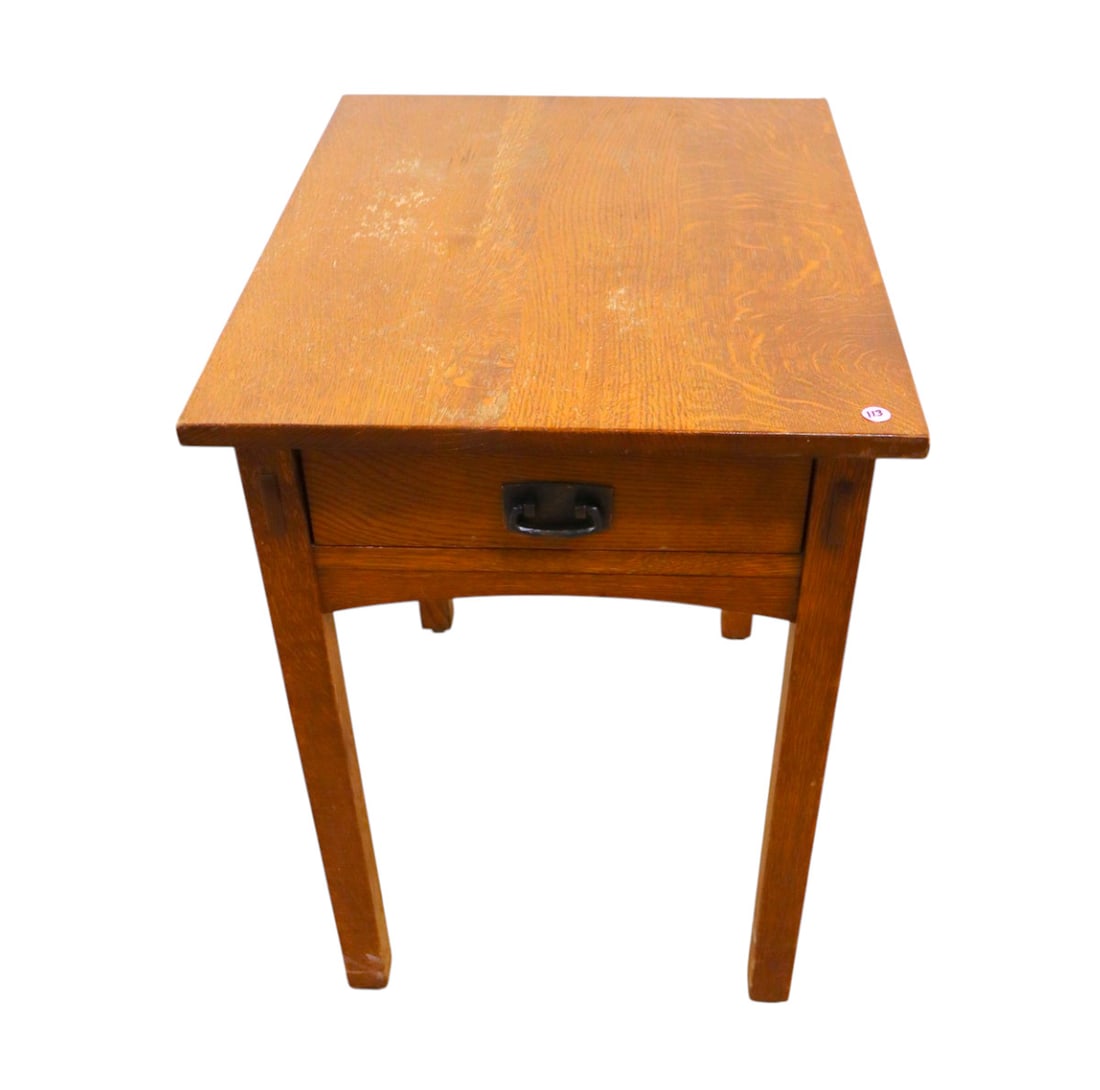 Stickley Mission Oak Lamp Table: Stickley mission oak lamp table with drawer original finish structurally sound and in good condition with some slight wear on top. 27.5"h x 20"w x 26"d