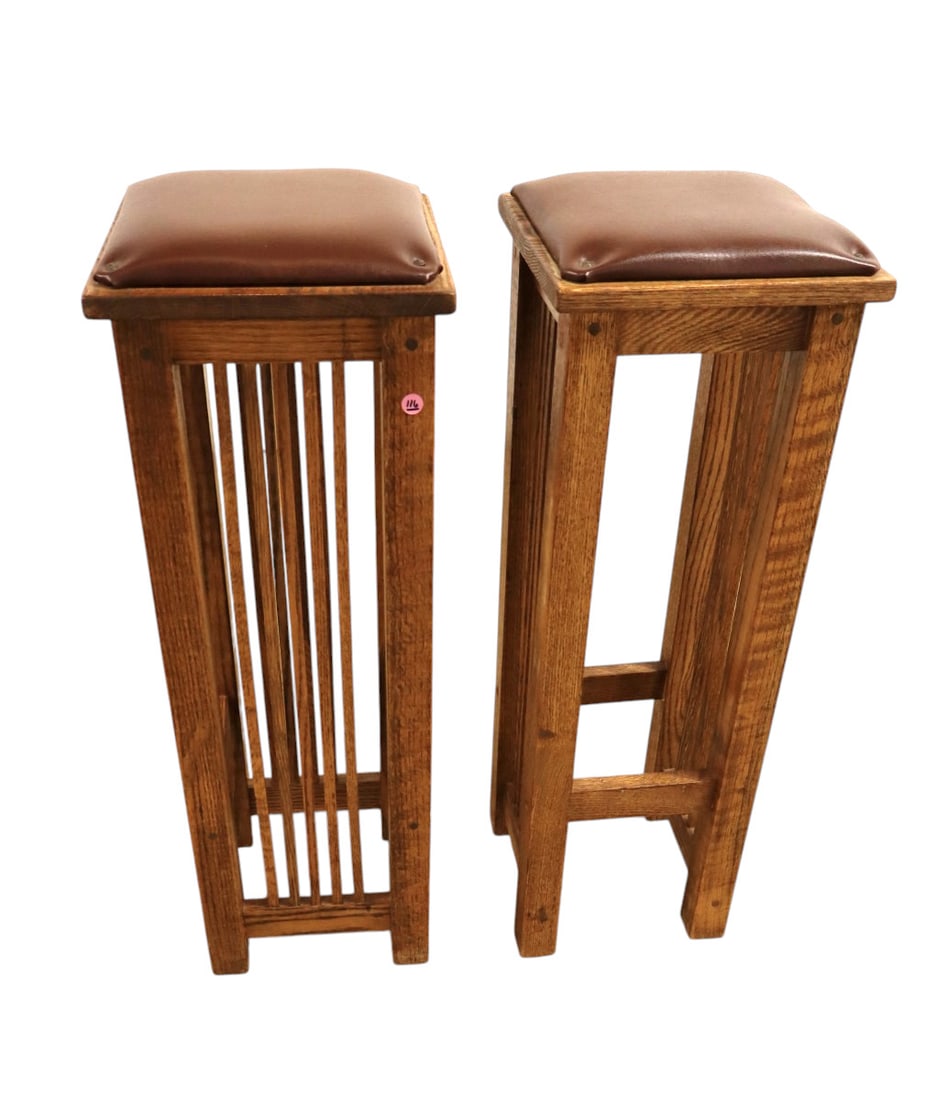 Pair mission oak slatted leather style tall bar stool or an extra-tall counter stool: Pair of mission oak slatted leather style tall bar stool or an extra-tall counter stool no name found original finish structurally sound and in good condition. Each 35"h x 12" square