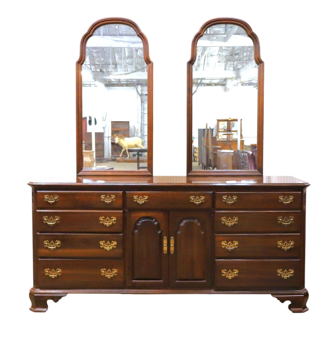 Ethan Allen solid cherry 9 drawer 2 door fitted dresser with double mirrors original finish: Ethan Allen solid cherry 9 drawer 2 door fitted dresser with double mirrors original finish structurally sound and in good condition with slight wear on top. Dresser 34"h x 74"l x 20.5"d, Each removea