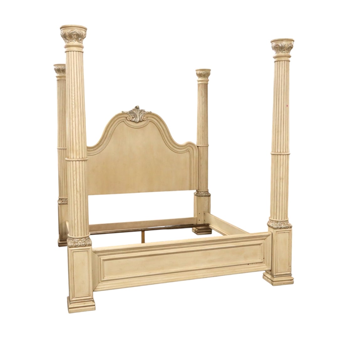 Impressive 4 poster high back king-size bed in a white wash finish - breaks down to numerous pcs. (1 of 6)