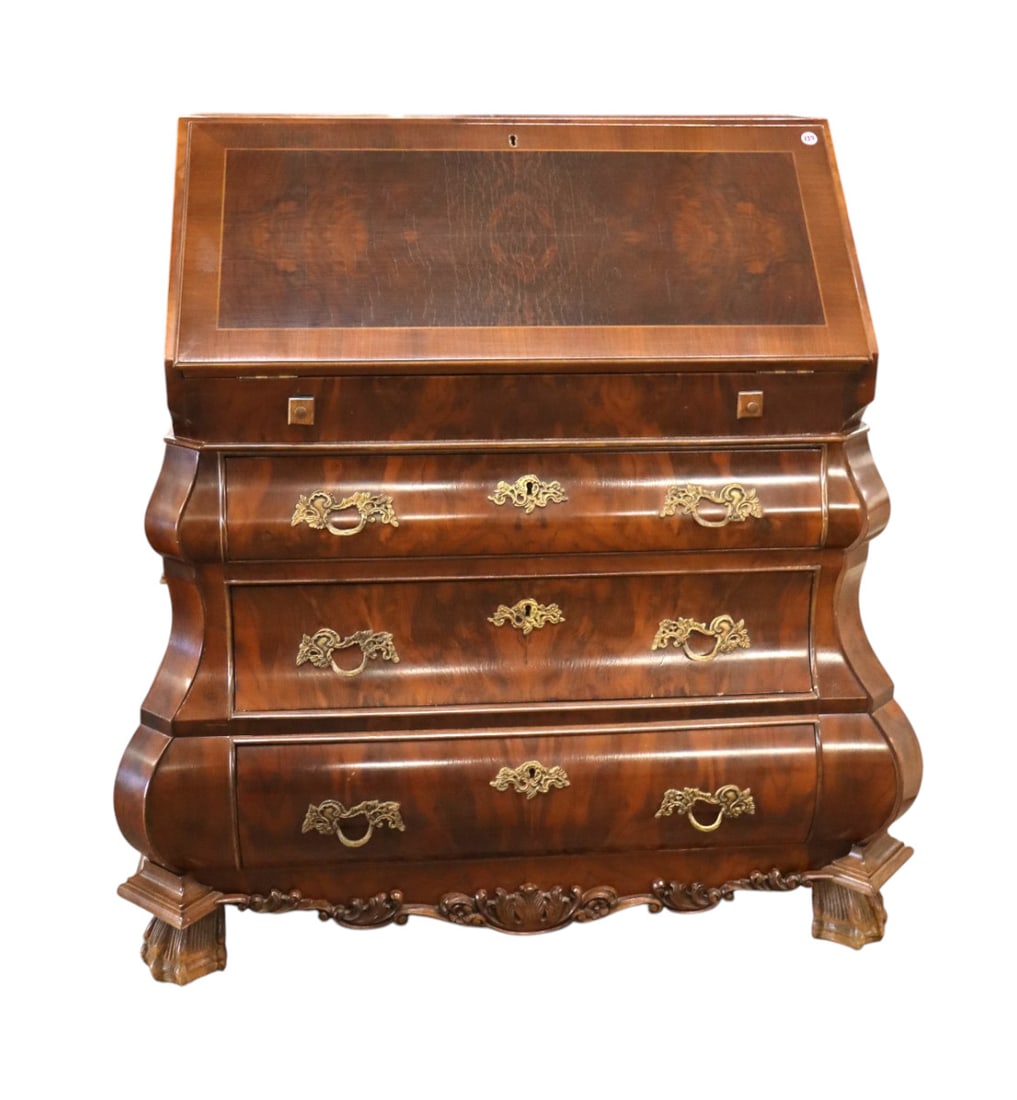 Vintage Italian bombay secretary desk with keys: Vintage Italian burl walnut and rosewood bombay secretary desk with keys and nice interior with slight fading original finish structurally sound and in good condition. 40"h x 38"w x 21"d