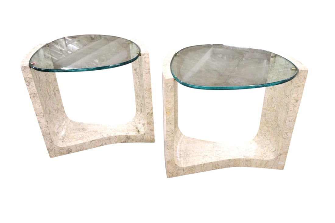 Cool pair ultra-modern side tables attr. Maitland Smith: Cool pair of ultra modern glass top side tables in laminated marble style finish attributed to Maitland Smith Furniture no name found, glass is good, structurally sound and good condition. Each 23"h x