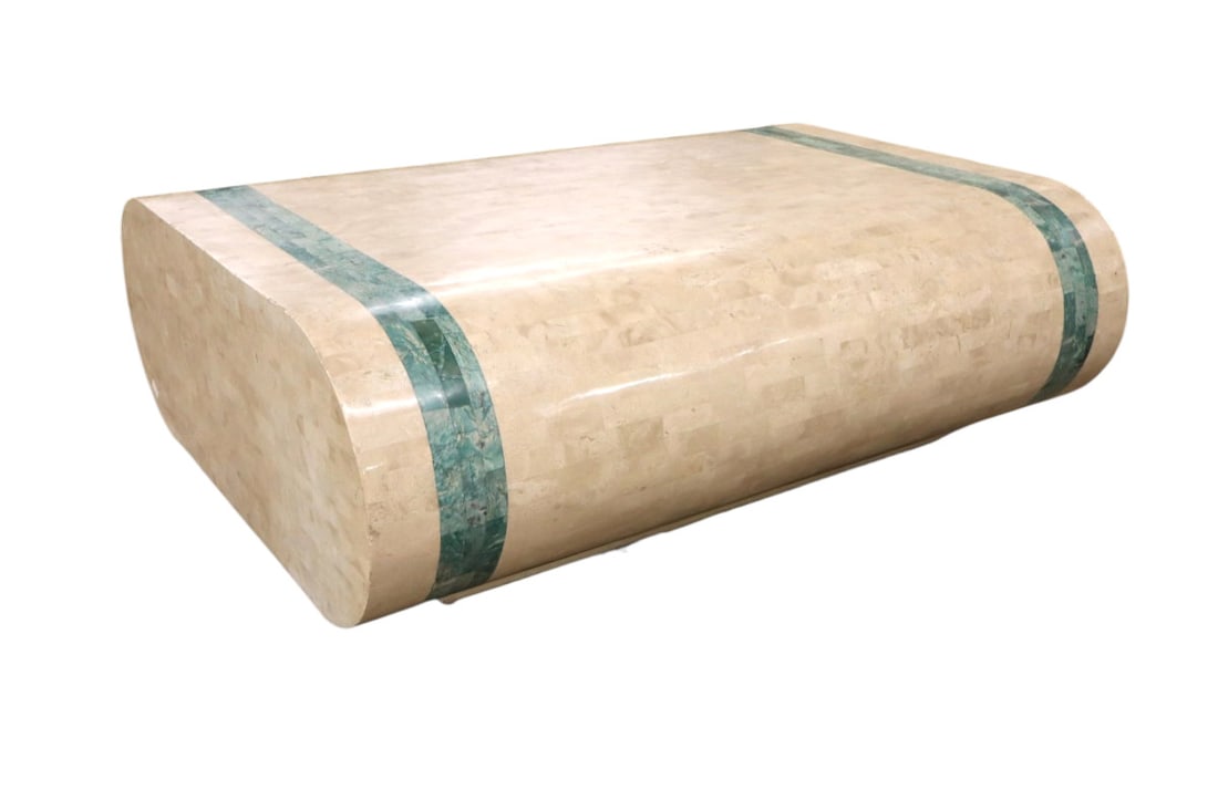 Ultra-modern coffee table attr. Maitland Smith: Cultured laminated marble ultra modern decorator two tone coffee table attributed Maitland Smith Furniture no name found, structurally sound and good condition. 16"h x 48"l x 36"w