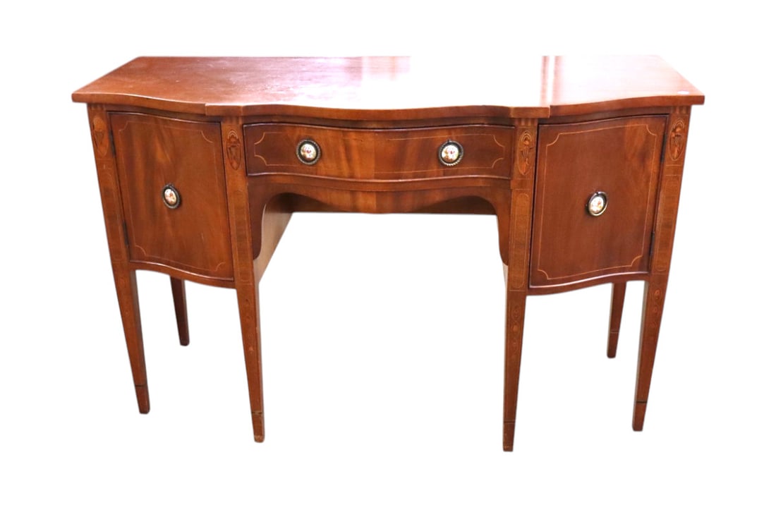 Quality semi-ant. elaborate interior inlaid vanity: Quality semi antique mahogany 1 drawer with elaborate fitted interior 2 door inlaid vanity with medallion french style pulls, quality made with over hang back to cover baseboard, original finish struc