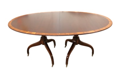 Oval double pedestal burl dining table w/3 leaves