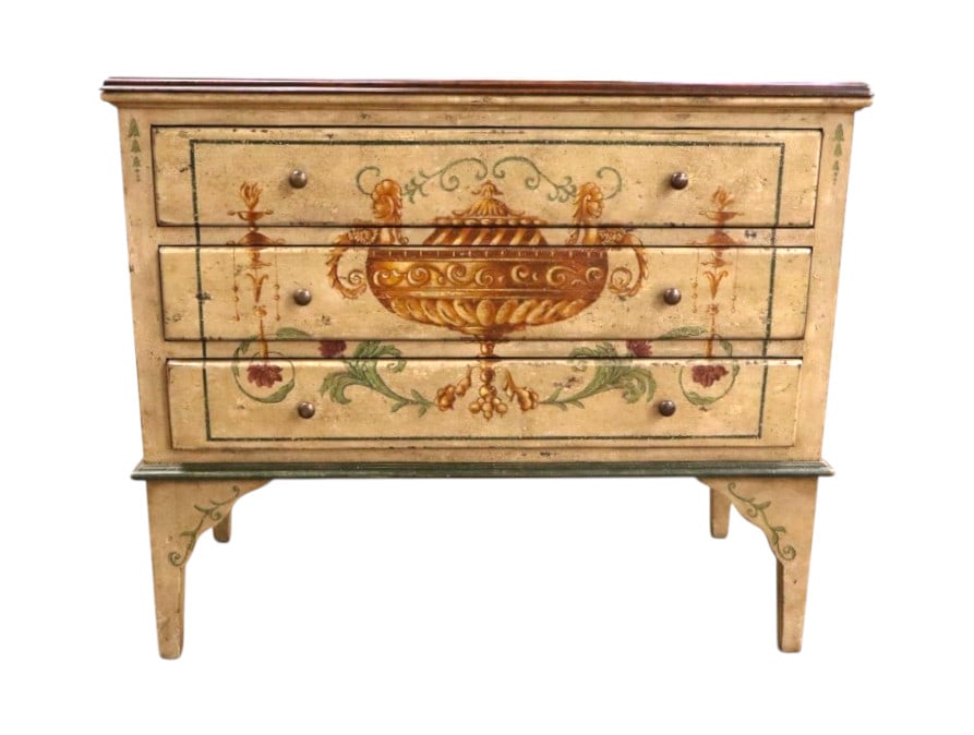 Amy Howard artist decorated designed French chest: Nice Amy Howard signed designer decorated french 3 drawer chest with natural finish top structurally sound and in good condition - no issues seen. 35.5"h x 42"w x 20"d