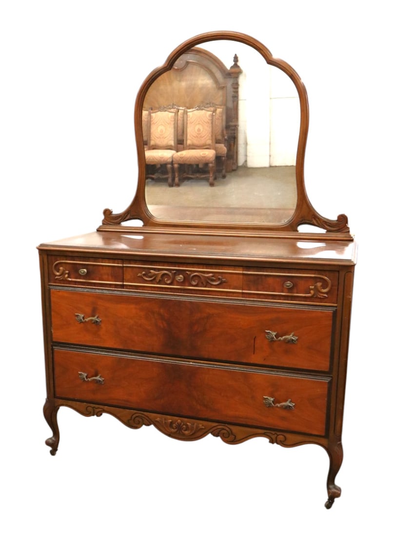 Antique burl walnut low dresser with mirror: Antique burl walnut 5 drawer low dresser with detachable mirror original finish structurally sound and in good condition with slight wear on top. Footprint: 70"h x 48"w x 22"d (mirror 33"h)
