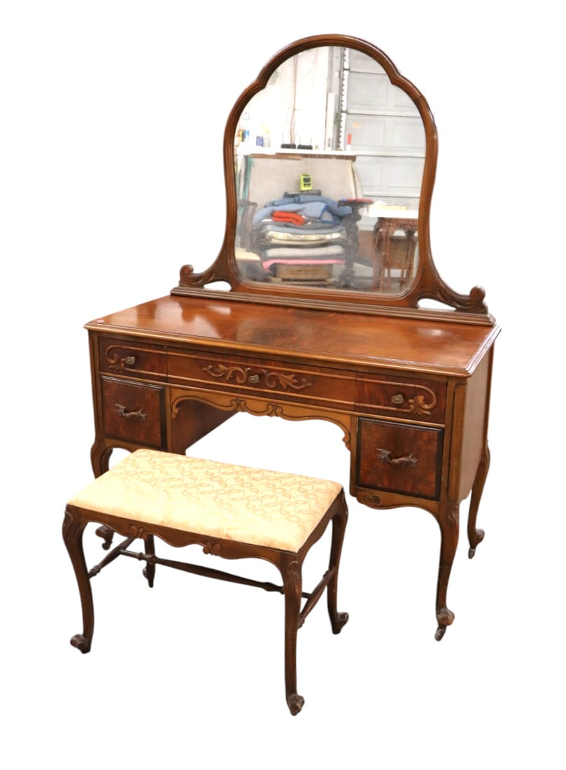 Antique burl walnut vanity with mirror & matching bench: Antique burl walnut vanity with detachable mirror and matching bench (3 total pieces) original finish structurally sound and in good condition with slight wear on top. Mirror and Vanity 64"h x 46.5"w