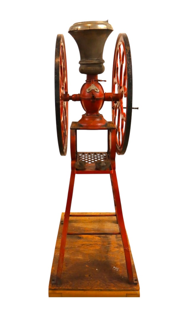 Antique large ornate cast iron coffee grinder Chas Parker Co. Meriden Conn. USA #2980 Jacobs Bros NY: Antique large ornate cast iron coffee grinder Chas Parker Co. Meriden Conn. USA #2980 Jacobs Bros NY, believe original paint, museum quality, missing lid on top of hopper and some dings and slight age