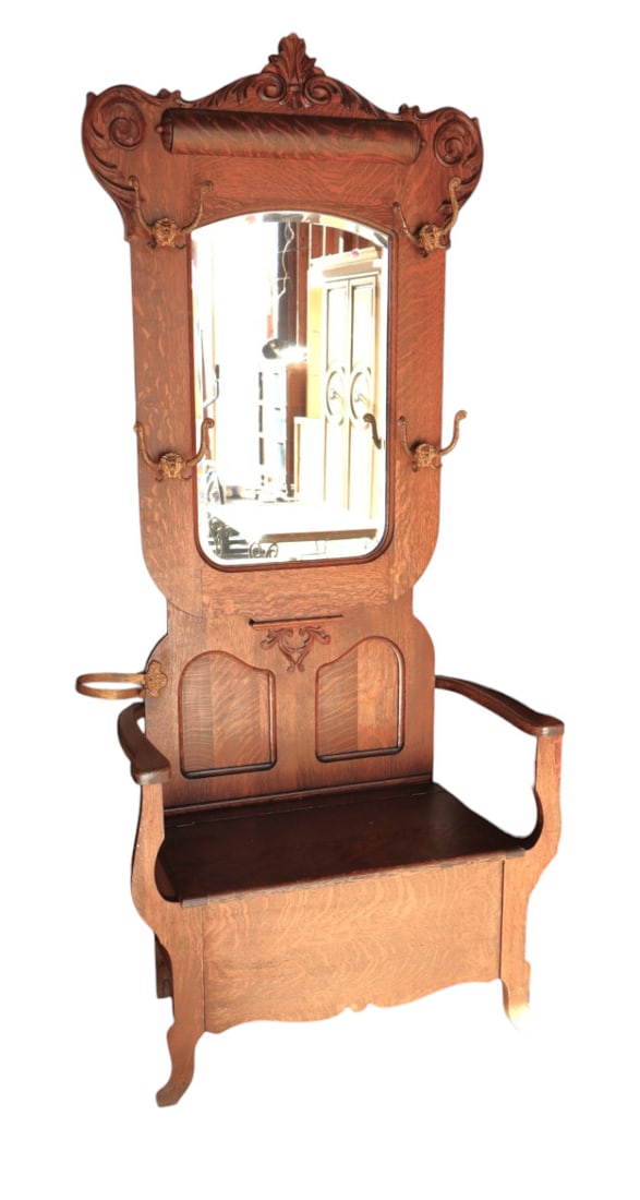 Antique oak carved lift seat hall rack w/orig hooks (1 of 6)