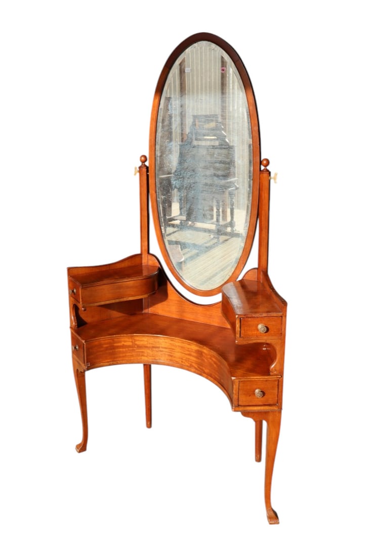 Antique corner vanity w/removeable mirror: Antique solid mahogany 4 drawer corner vanity with removeable mirror original finish structurally sound does show age. Footprint: 70"h x 38"w x 16"d
