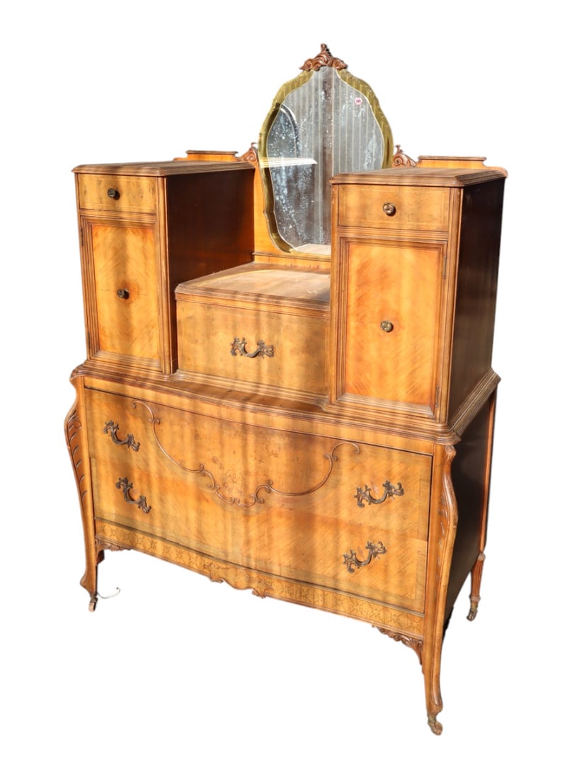 Antique art deco fancy burl satinwood walnut high chest: Antique art deco fancy burl satinwood and walnut high chest with two tone yellow detachable mirror original finish with some finish issues, needs tlc. Footprint: 69.5"h x 48"w x 23"d