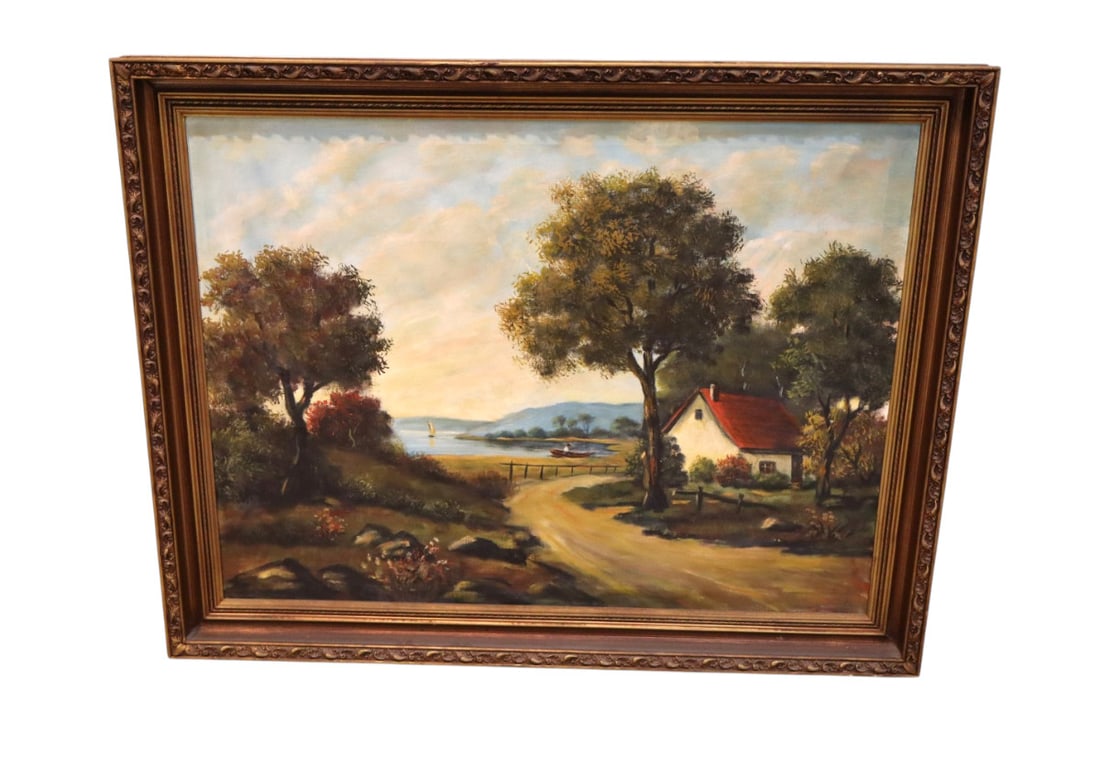 Semi antique oil on canvas framed and unsigned: Semi antique oil on canvas framed and unsigned of a lake cottage scene in nice carved frame and good condition. 36"h x 45.5"h x 2.5"d