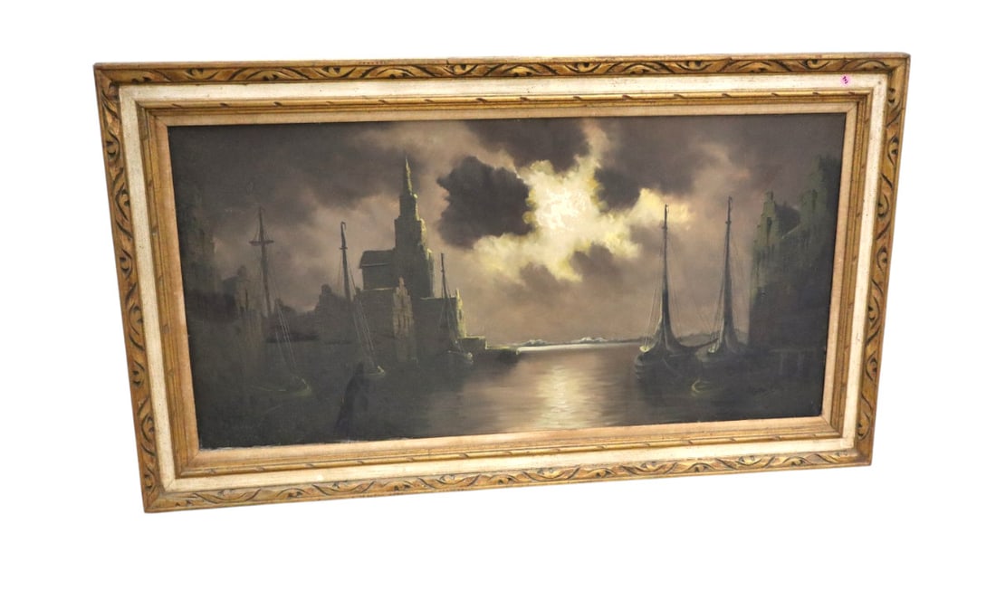 Vintage sg. MidC oil on canvas of misty harbour (1 of 3)