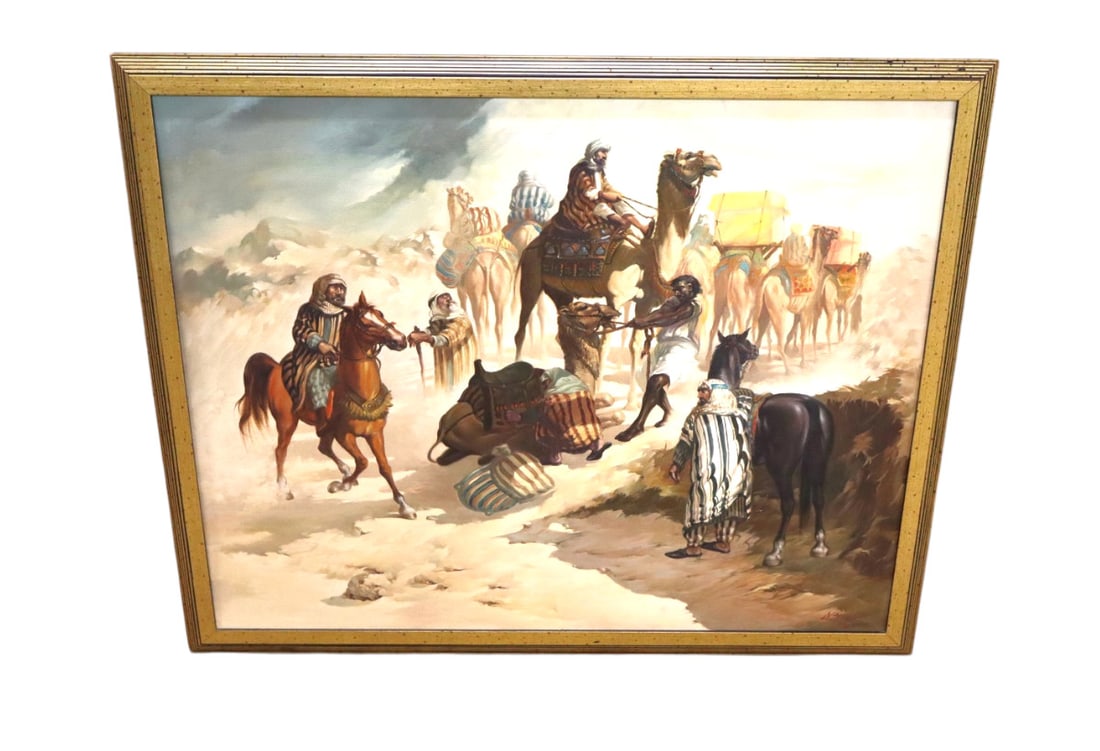 Vintage framed sg. oil on canvas Arabian camel scene (1 of 3)