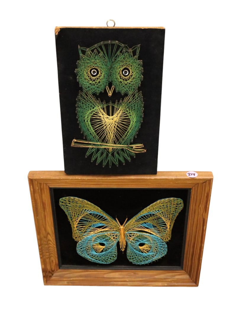 Mid-century modern butterfly & owl string artworks: 2 Mid Century Modern String Art, 1 original framed butterfly and 1 unframed owl. Butterly 10.5"h x 12.5"w, Owl 9.5"h x 6.25"w