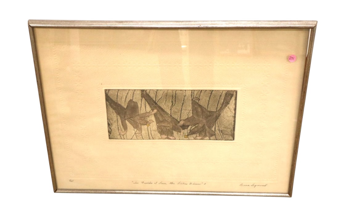 Dina Sigmond print Lace & Lillies in Bloom II, 2/25: Signed Dina Sigmond print titled In the Field of Lace the Lillies in Bloom II, 2/25 in framed print. 20"h x 28"w, frame is little loose