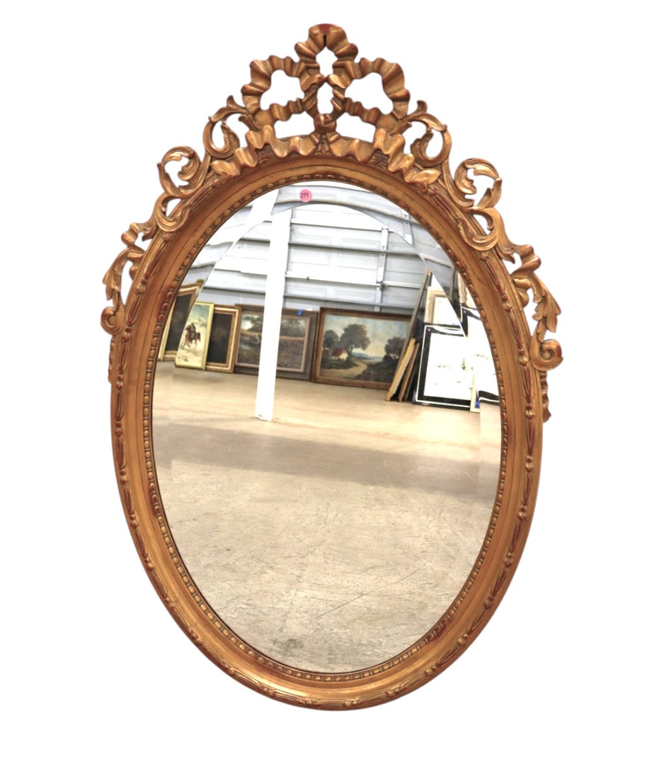 Beautiful EA bevel glass ribbon top oval mirror: Beautiful Ethan Allen beveled glass carved ribbon top oval decorator mirror. 45"h x 30"w x 2.5"d