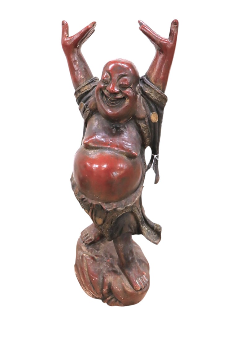 Vtg prosperous Buddha hand carved orig. red paint: Vintage Prosperous Buddha hand carved wood with original red paint, rub his belly for good luck, structurally sound and in good condition. 36"h x 13" diameter