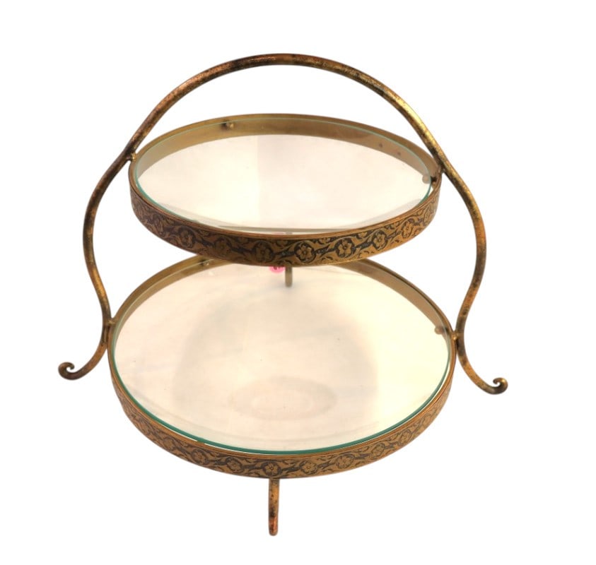 FR bronze wrap graduating 2-tier glass center piece - old: Semi antique French bronze wrapped graduating 2-tier glass center piece. 13"h x 18" diameter