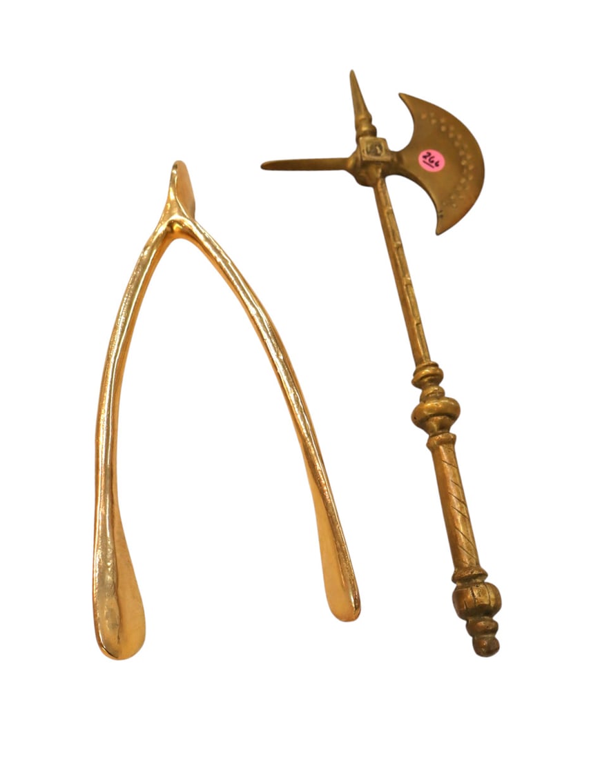 Brass large wishbone and medieval hatchet (1 of 3)