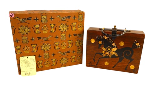 MidC walnut purse Collins of Tx 1963 sg Enid Collins