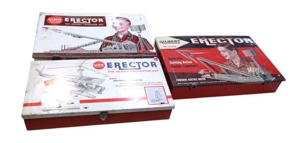 3 vintage Gilbert Erector Sets in metal boxes