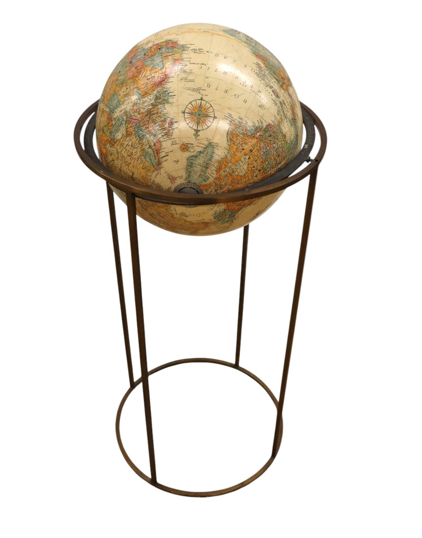 Mid Century world globe on bronze finish stand: Mid Century world globe on bronze finish stand, globe is removeable. Footprint: 34"h x 14" diameter