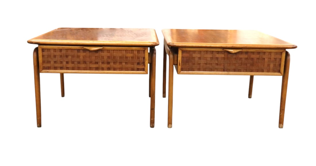 PR Lane MCM walnut basket woven front side tables (1 of 8)