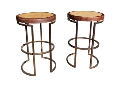 Pair of mid century cane seat metal base bar stools