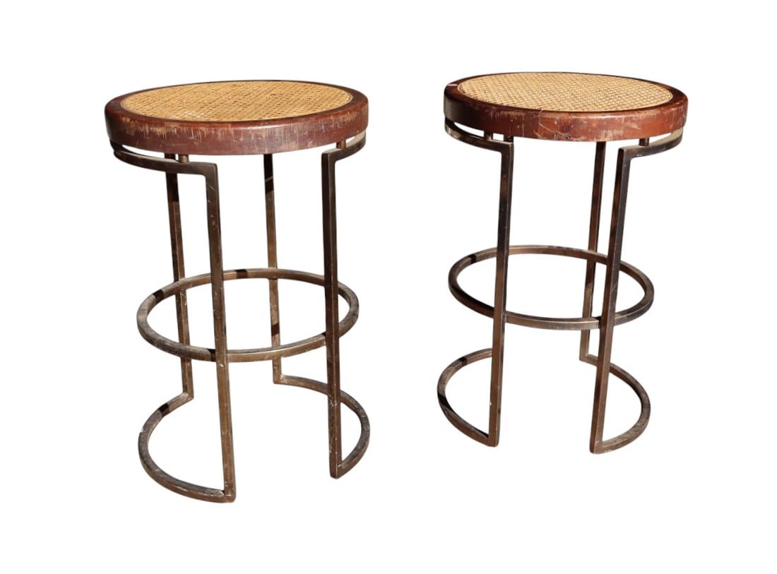 Pair of mid century cane seat metal base bar stools: Pair of mid century cane seat metal base bar stools structurally sound original found condition. Each 24"h x 16" diameter.