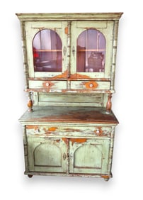 Antique 2 piece orig. green paint stepback cupboard