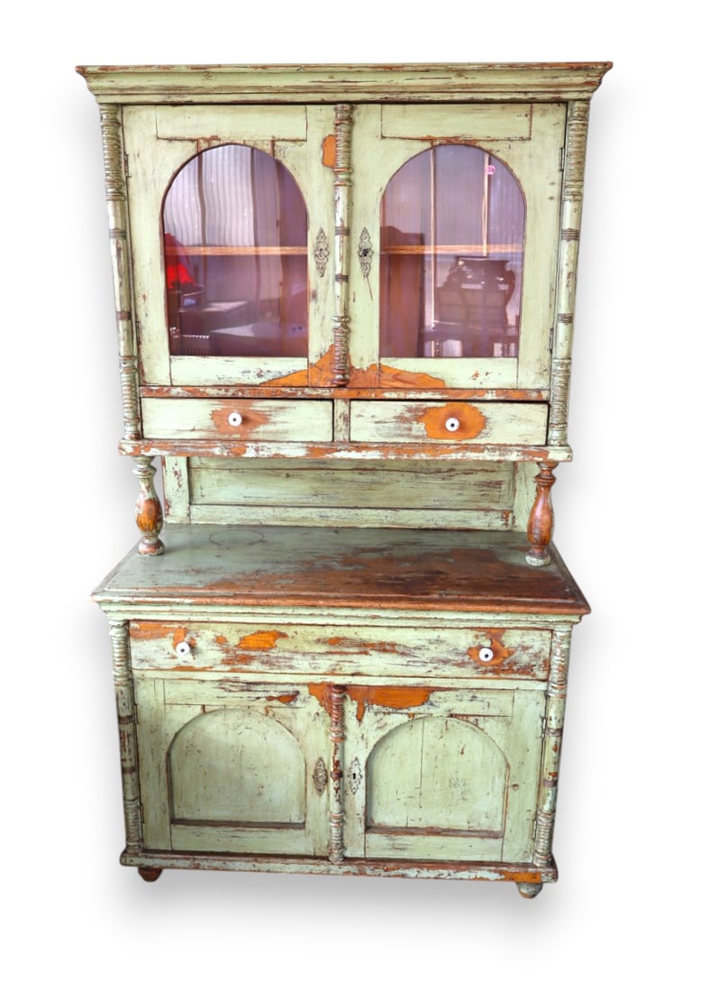 Antique 2 piece orig. green paint stepback cupboard (1 of 6)
