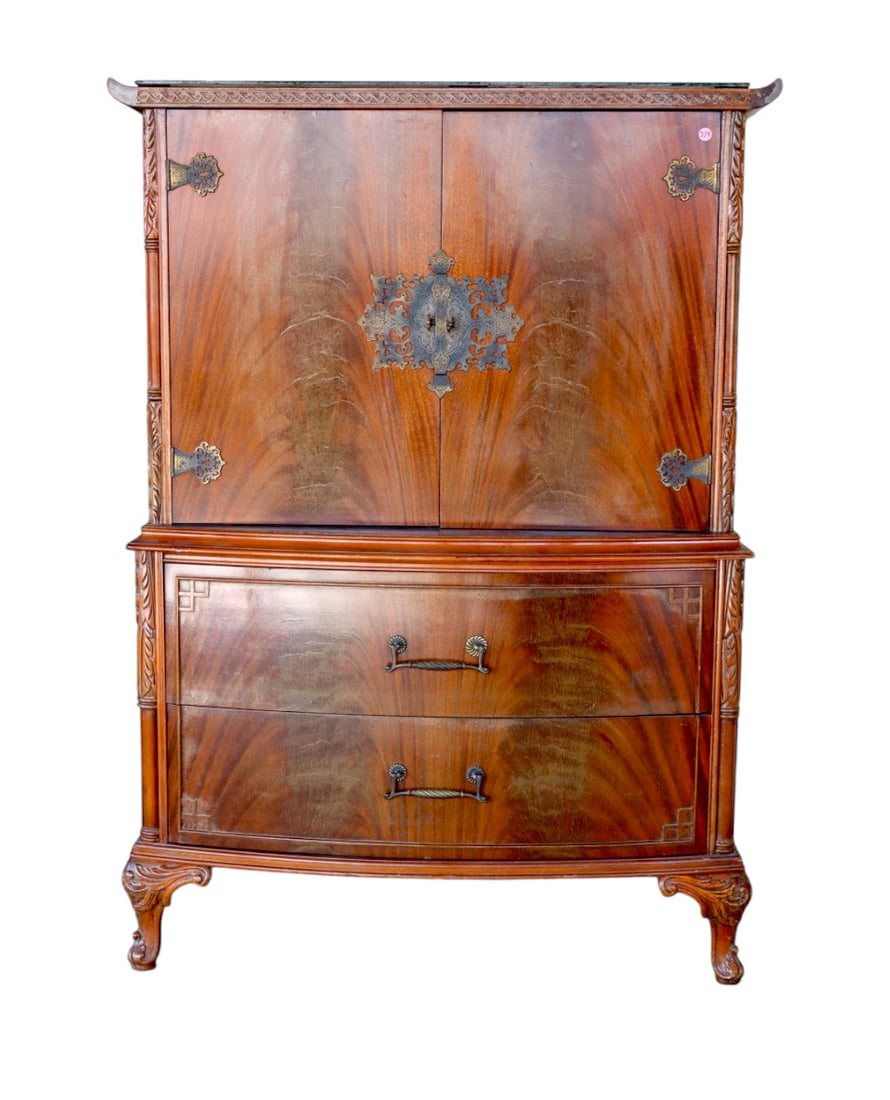 Vintage chinese chippendale style fitted high chest: Vintage burl mahogany chinese chippendale style 2 drawer 2 door fitted high chest with glass mirror top structurally sound and original finish with finish loss. 56"h x 40"w x 23"d