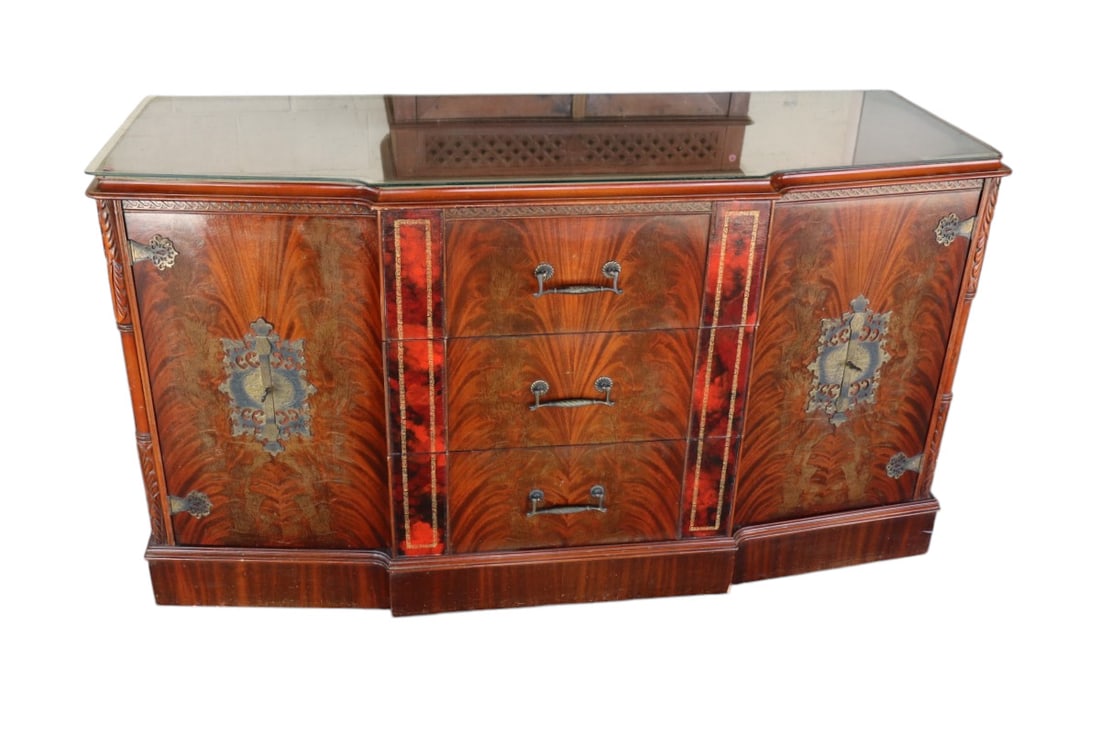 Vtg burl chinese chippendale style fitted low chest (1 of 9)