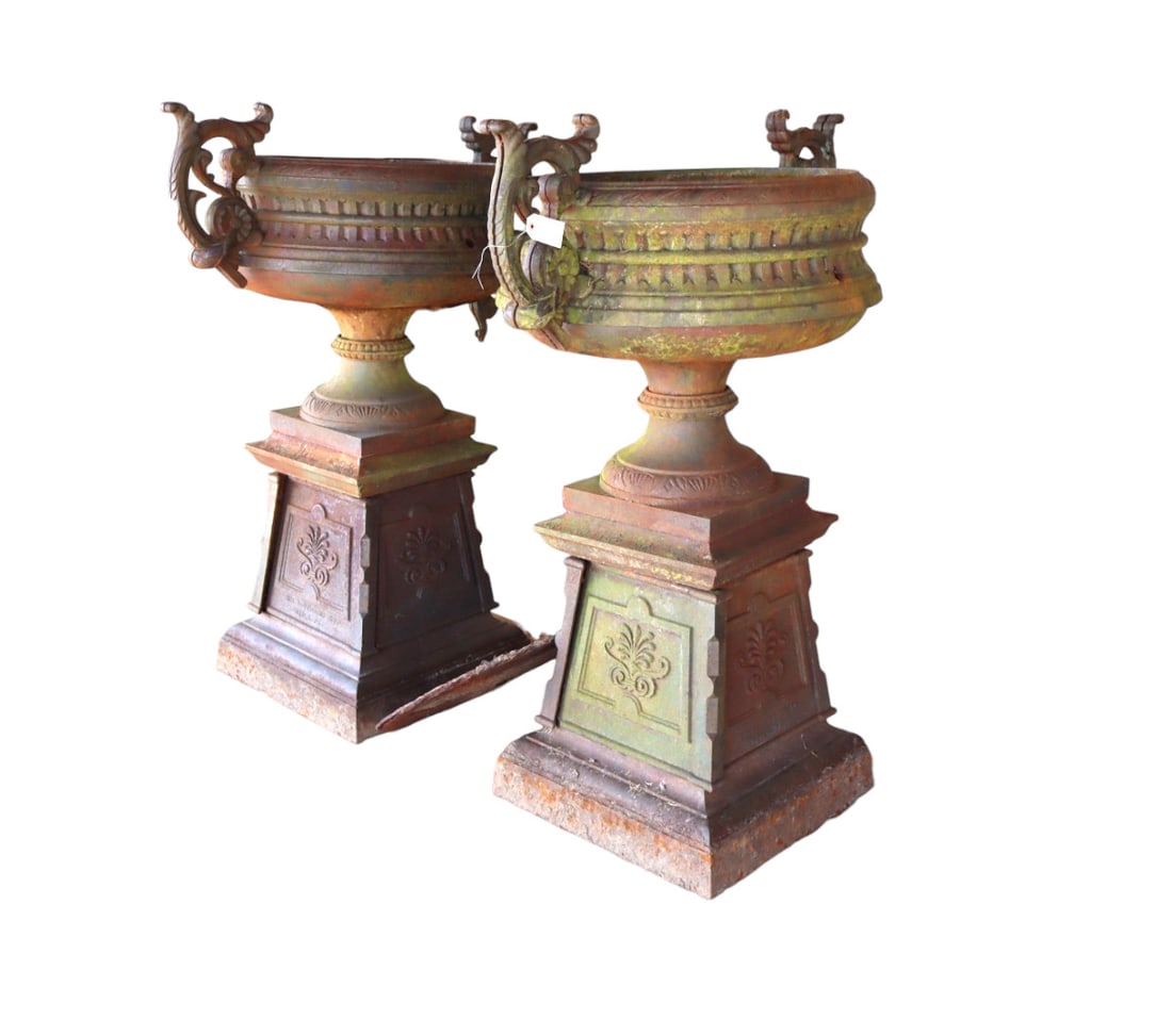 Fantastic PR 4' impressive CI antique garden urns REMPPIS: Fantastic pair of impressive LARGE multi-part antique detailed garden cast iron urns by WM. F. REMPPIS CO. Phila. PA. solid in as found condition see photos. Footprint: 48"h x 37"w (urn is 26" diamete