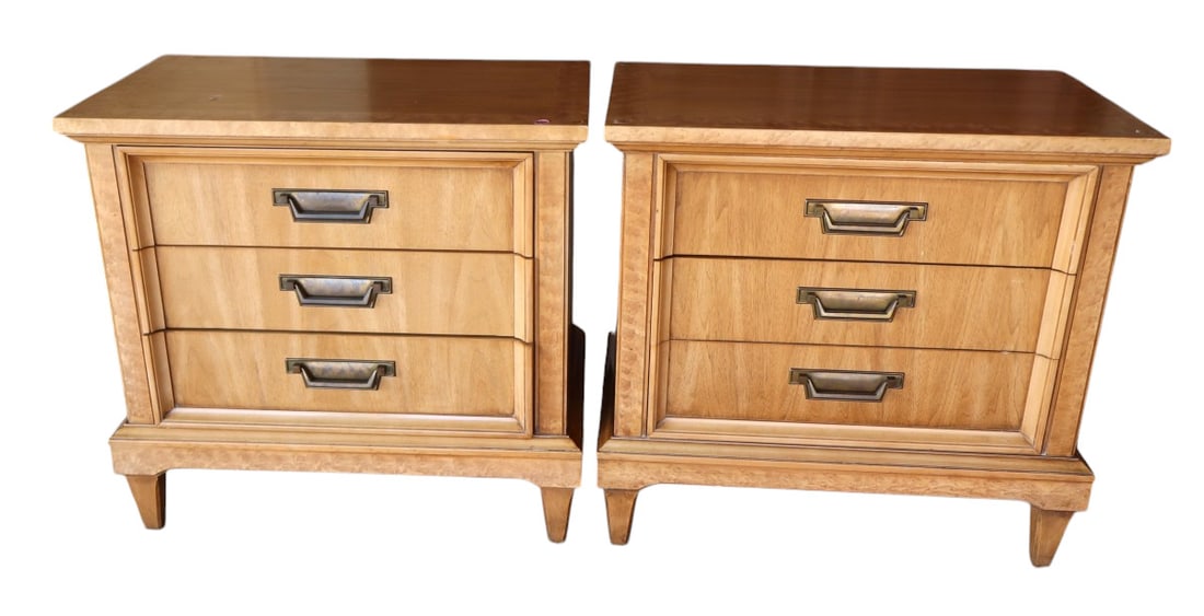 Pair of burl walnut banded 3 drawer nightstands (1 of 6)