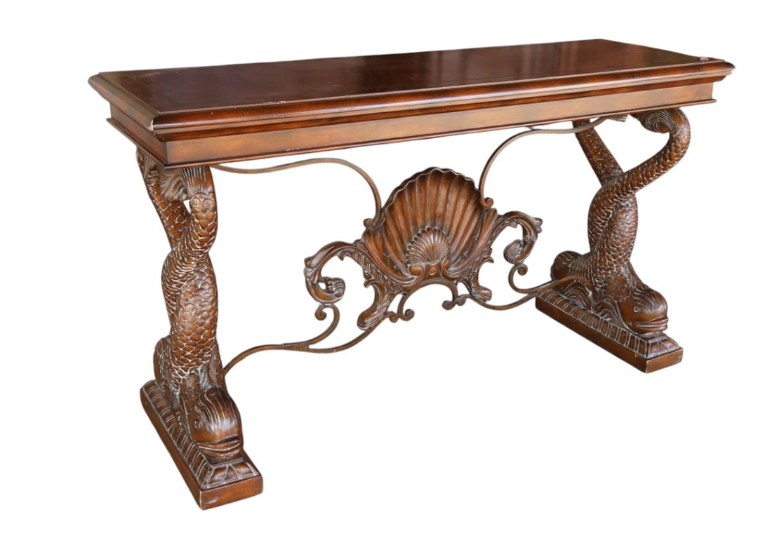 Fish carved base burl walnut sofa table (1 of 6)