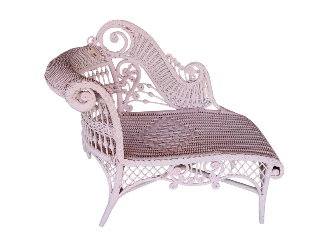 Vintage wicker child's chaise lounge in pink paint (1 of 5)