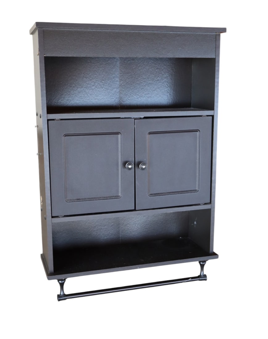 Black bathroom utility cabinet with towel bar (1 of 2)