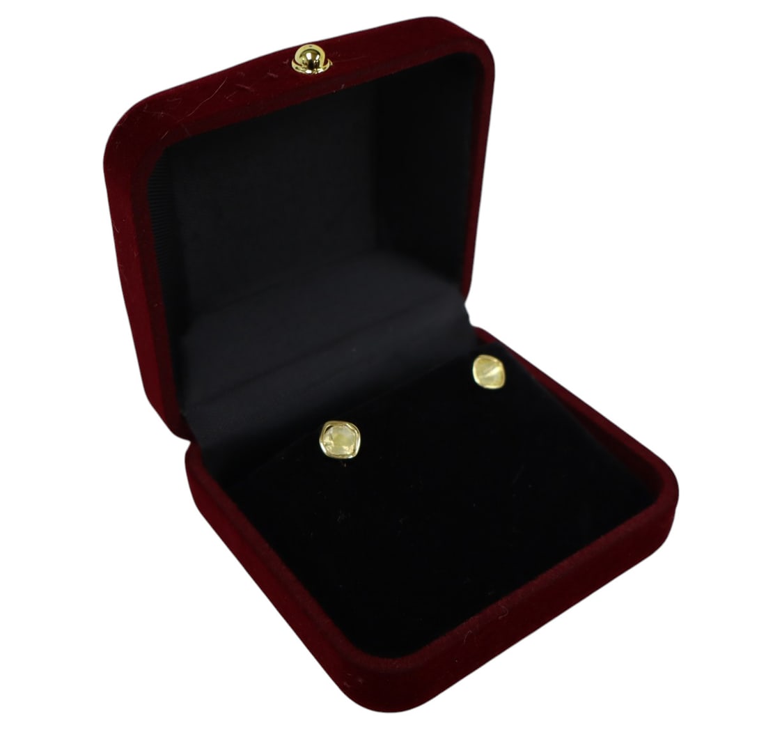 Rose cut diamond .44ct stud earrings 14kt gold over s/s: Rose cut diamond .44ct in 14kt yellow gold over sterling silver stud earrings with gift box. Approx. size 1/4"
