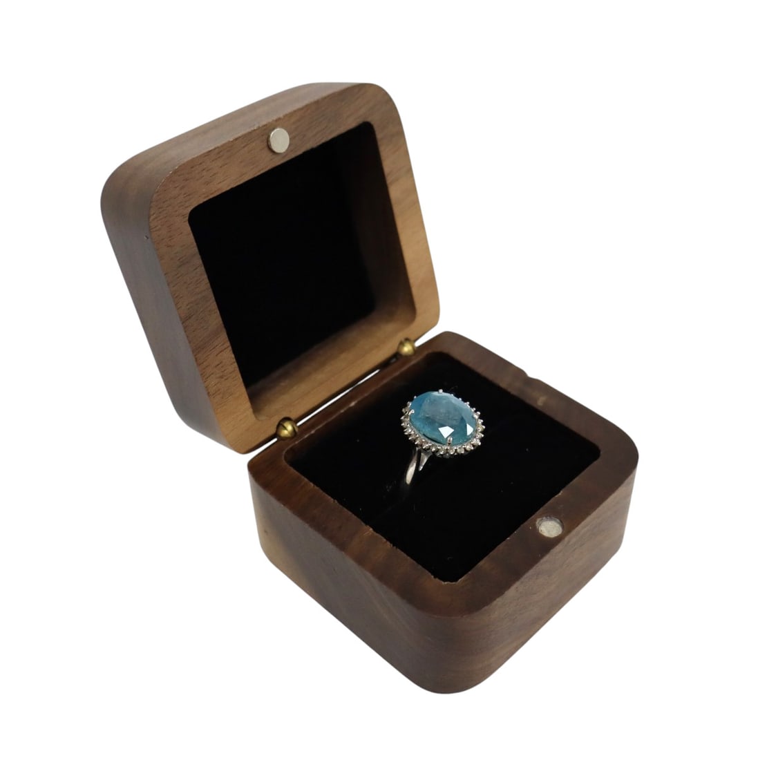 Nice aquamarine 2.25ct and diamond .5ct ring in sterling silver setting with rosewood gift box: Nice aquamarine 2.25ct and diamond .5ct ring in sterling silver setting with rosewood gift box. Approx. size 7 to 7.25"