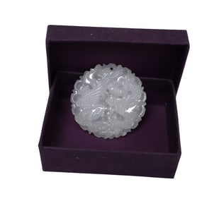 Calming white jade dragon and phoenix pendant