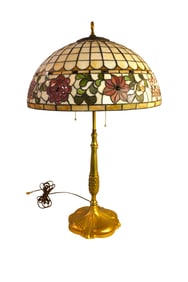 Antique tiffany style lead jeweled glass & brass lamp