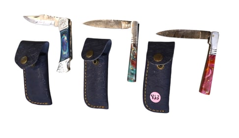 New 3 fancy folding knives with damascus blades