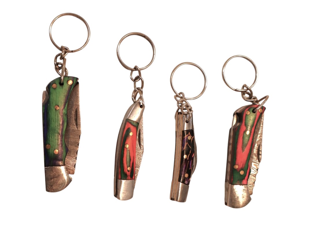 4 damascus folding knife key chains. Various sizes. (1 of 1)