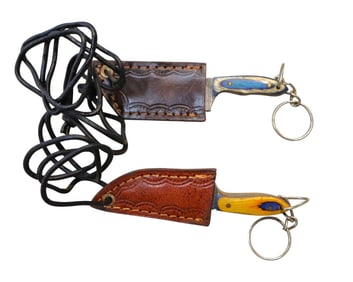 2 damascus blade knife key chains with sheaths